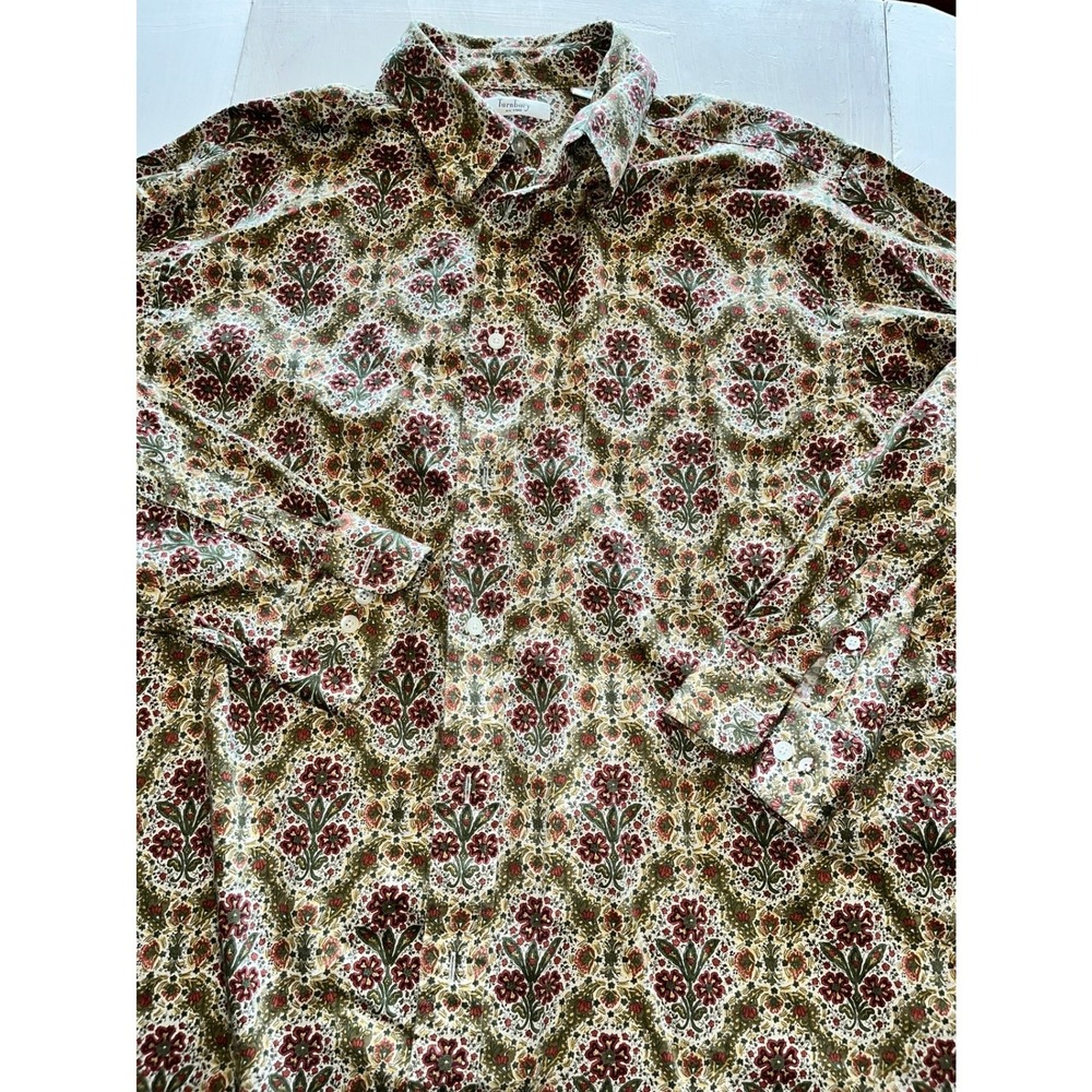 Turnbury Mens XXL Floral Damask Block Print Cotton Button Down‎ Shirt Green Red